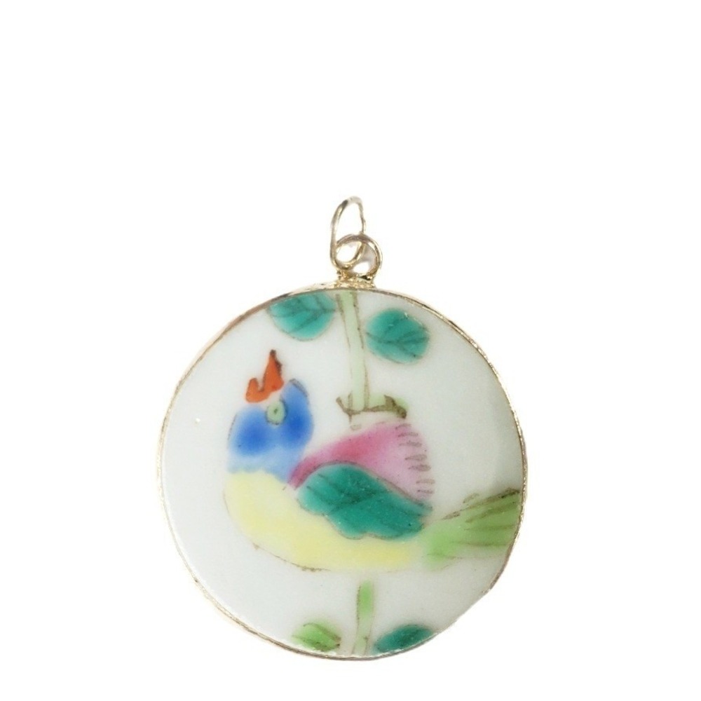 Vintage Hand Painted Bird Pendant - Silver Tone Round Porcelain Songbird Jewelry